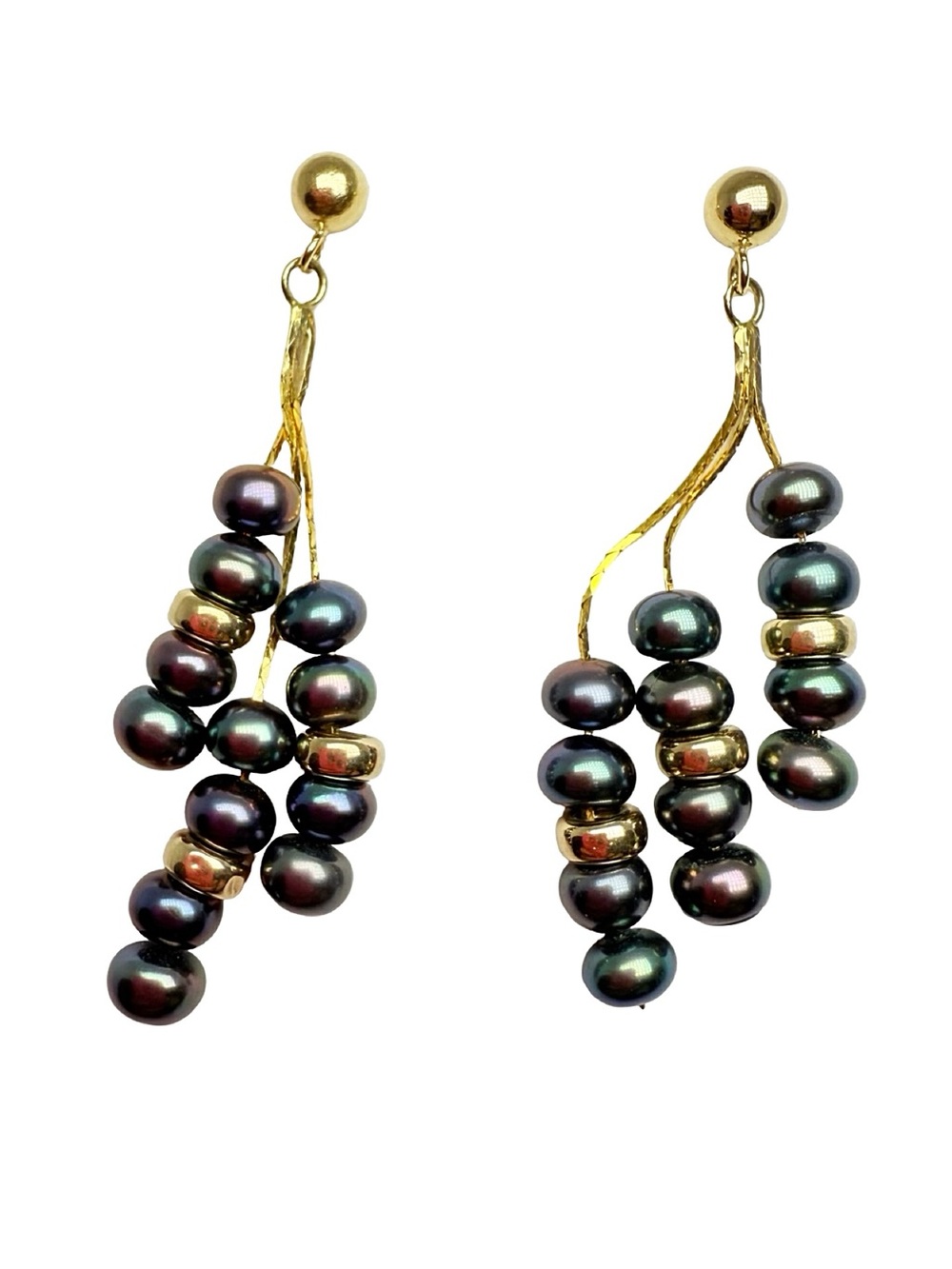 Gold & Black Pearl Cluster Drop Earrings - Elegant Women's Jewelry - Picture 2 of 16